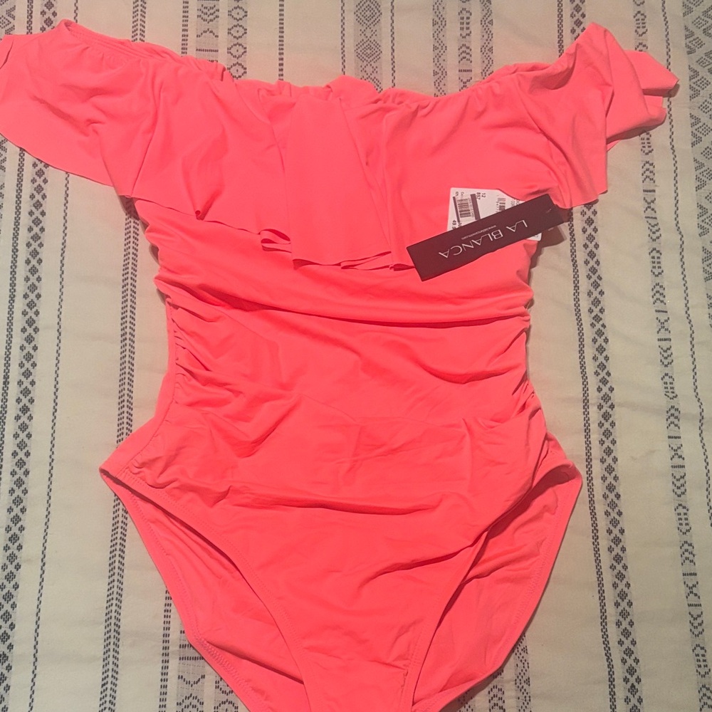 La Blanca Off-Shoulder Swimsuit in Bright Pink